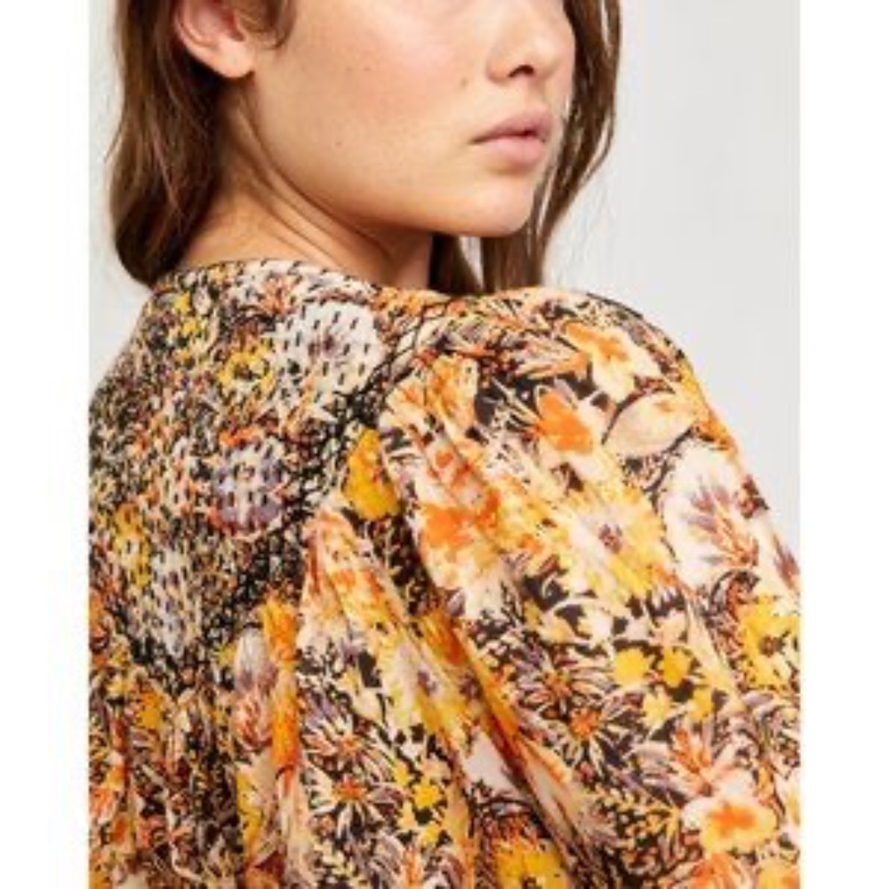 FP WTF Cool Meadow Midnight Floral Pattern Semi Sheer Floaty Cottagecore Blouse